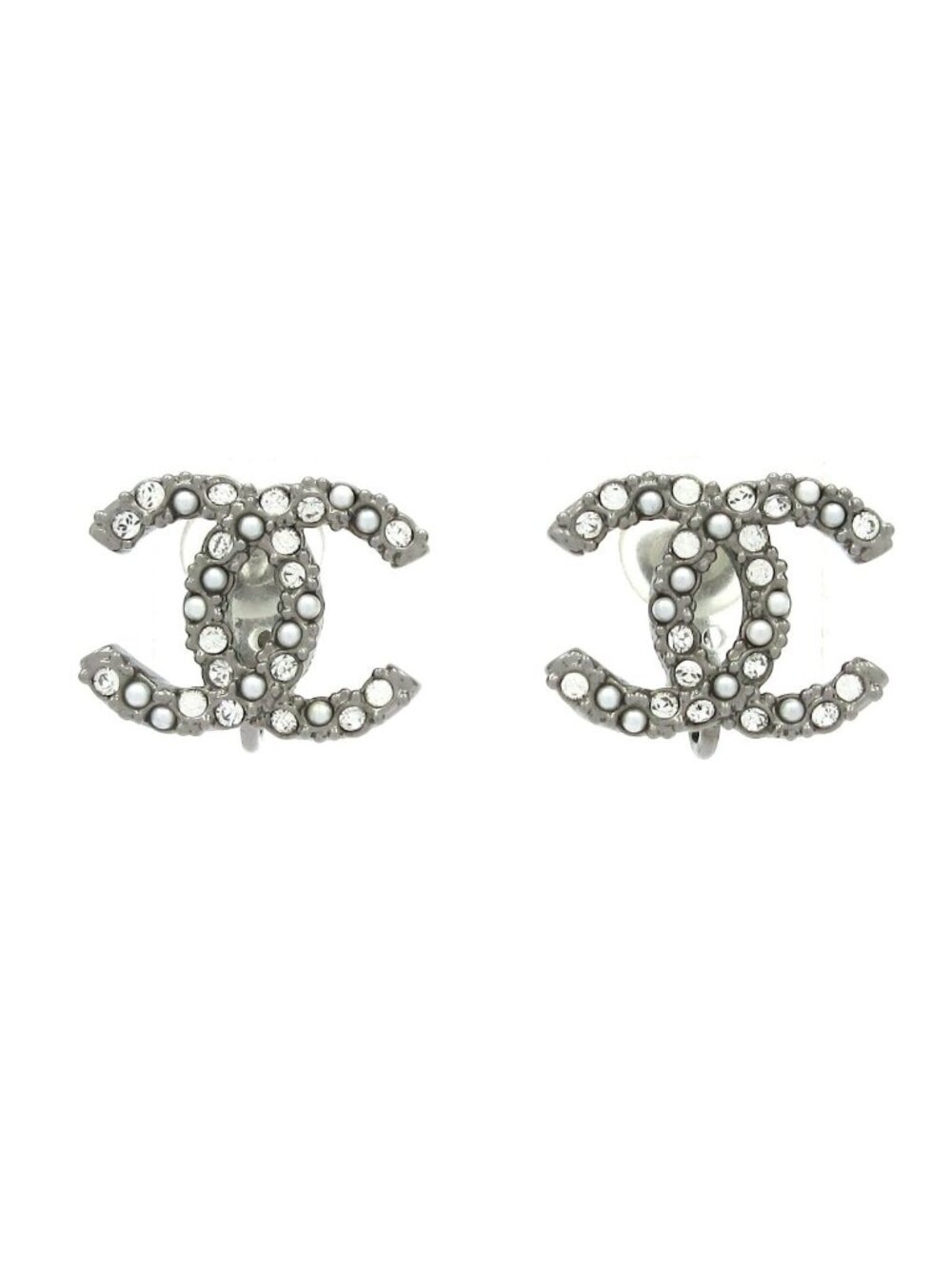 Chanel Earrings Dark Gray Silver Clear CC Logo